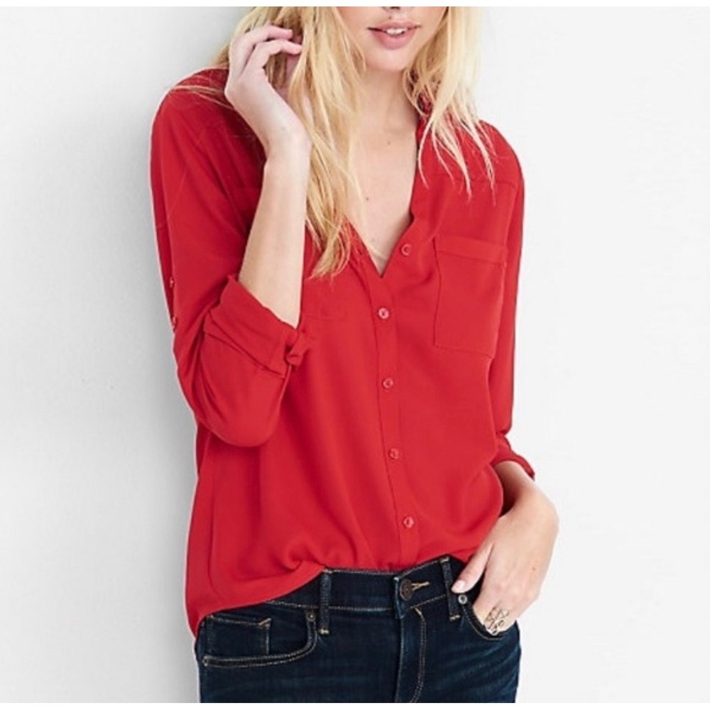 Express Portofino Red Roll Tab Sleeve Button Down Shirt V-Neck Blouse XL